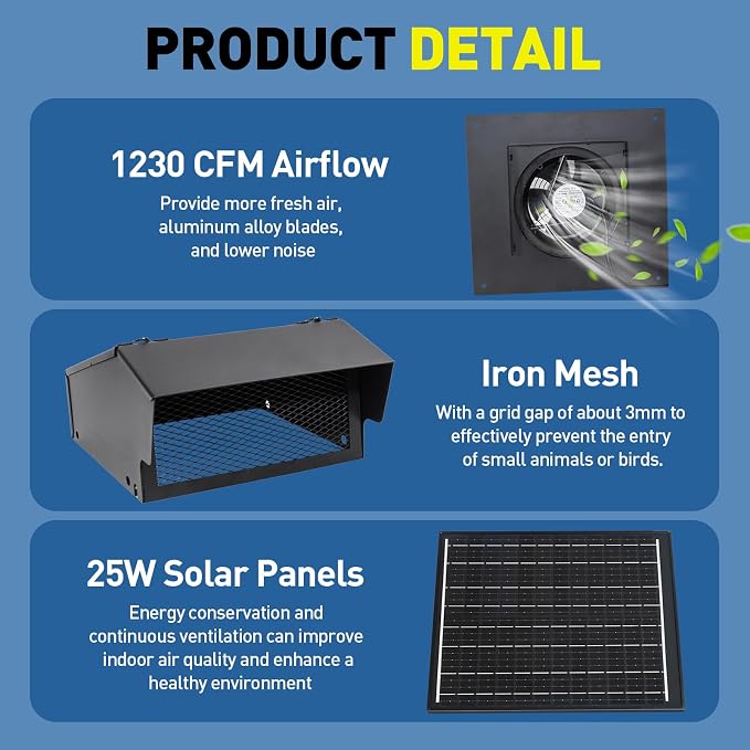 25W Solar Roof Vent Fan with 8 Inch Removable Roof Vents,Solar Attic Exhaust Fan for Ventilation System,Ideal Soalr Roof Fan for Garage, Shop and Warehouse,Black