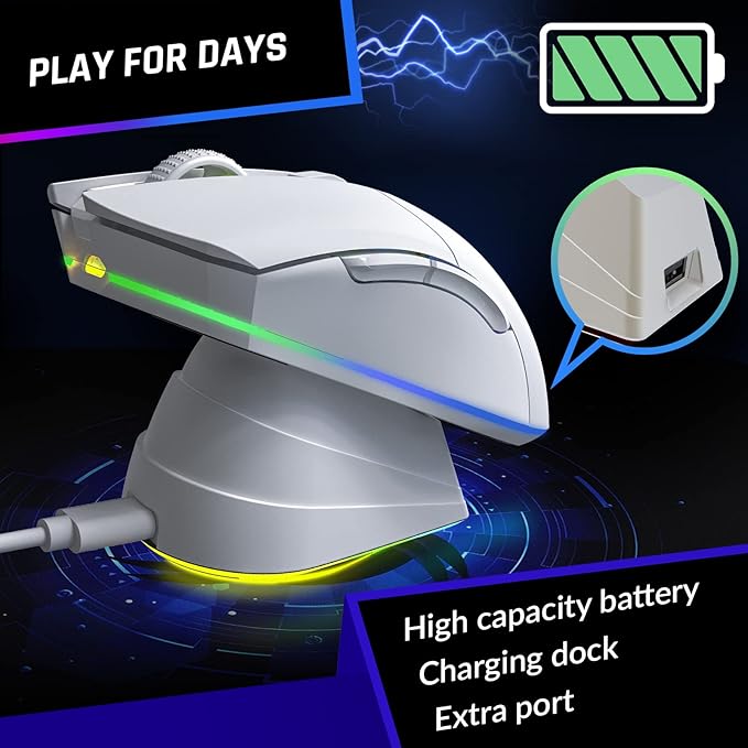 KLIM Blaze Pro Rechargeable Wireless Gaming Mouse with Charging Dock RGB - New Version - High-Precision Sensor and Long-Lasting Battery - Up to 6000 DPI - Great PC Gaming Mouse Wireless - White