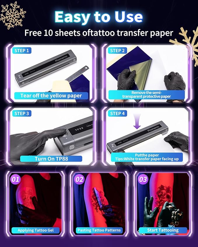 TP88 Wireless Tattoo Transfer Stencil Printer, Thermal Tattoo Machine with 10pcs Free Stencil Paper, Compatible with Smartphone & PC, Portable Printer for Artists & Beginners, Gray