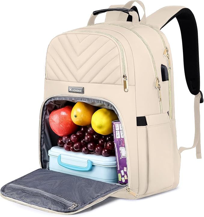 Lunch Backpack for Women, Water Resistant Insulated Cooler Lunch Bag, 15.6 inch Laptop Backpacks with USB Port, Picnic Backpack with Lunch Box for College Work Camping Beaches, Beige