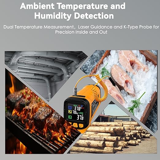 Infrared Thermometer Temperature Gun, 50:1 Dual-Mode Temp Gun -58°F to 1796°F with K-Type Thermocouple for Internal Readings, for Kilns, Industrial, and HVAC Applications