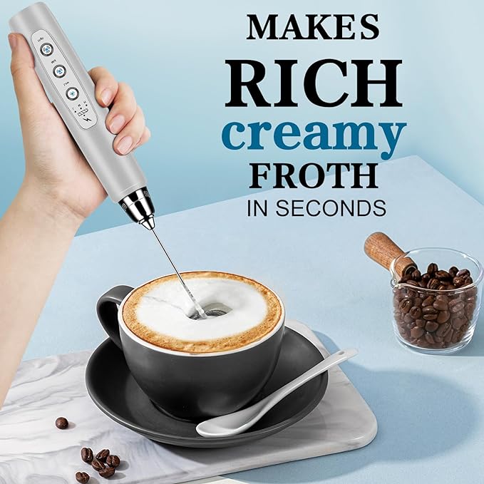 BSRGMS Milk Frother Handheld with Stand, Electric Whisk 3 Speed Adjustable, Drink Mixer with Stainless 3 Whisk, Rechargeable Hand Frother Wand, Foam Maker for Latte Cappuccino Hot Chocolate Egg Silver