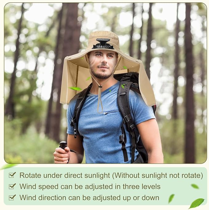 Maiteenly 2 Pcs Solar Fan Hat for Men with Neck Flap Bucket Fan Buit in Hats for Hiking Fishing Outdoor USB and Solar Powered