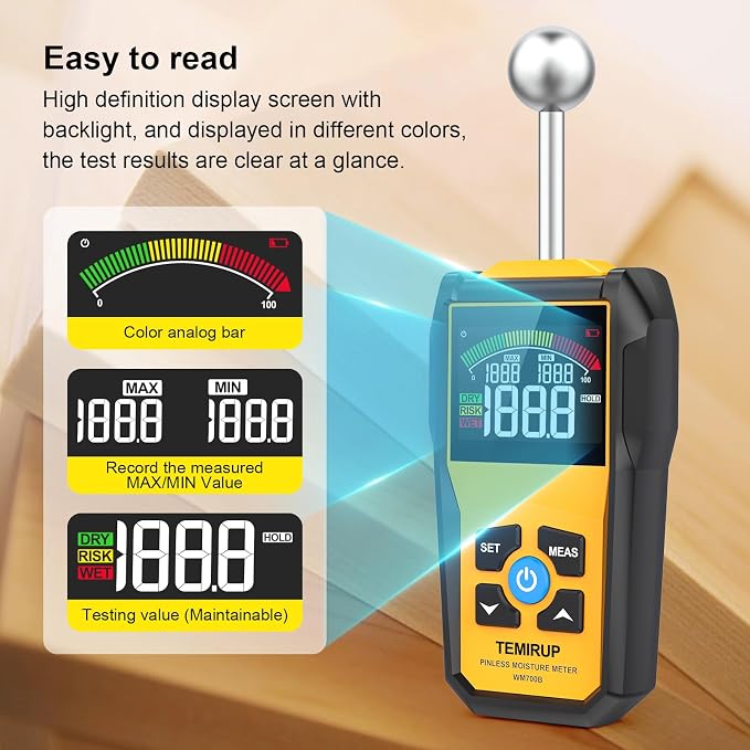 Moisture Meter, TEMIRUP Pinless Moisture Meter –Wood Moisture Detector for Walls, Drywall, Firewood & Concrete, Digital Moisture Tester with 3-Color LCD Display Reader, Audible Alarm & Hold Function