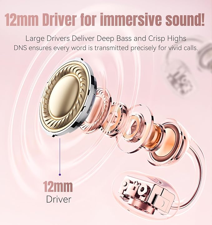 King Lucky Next-gen Clip on Earbuds Open Ear Wireless Bluetooth 6.0 Headphones with Mic,50H Play,ENC,IPX5 Waterproof,Sports Ear Buds,Comfortable for Small Ears&Fitness,Running (LED Display, Pink)