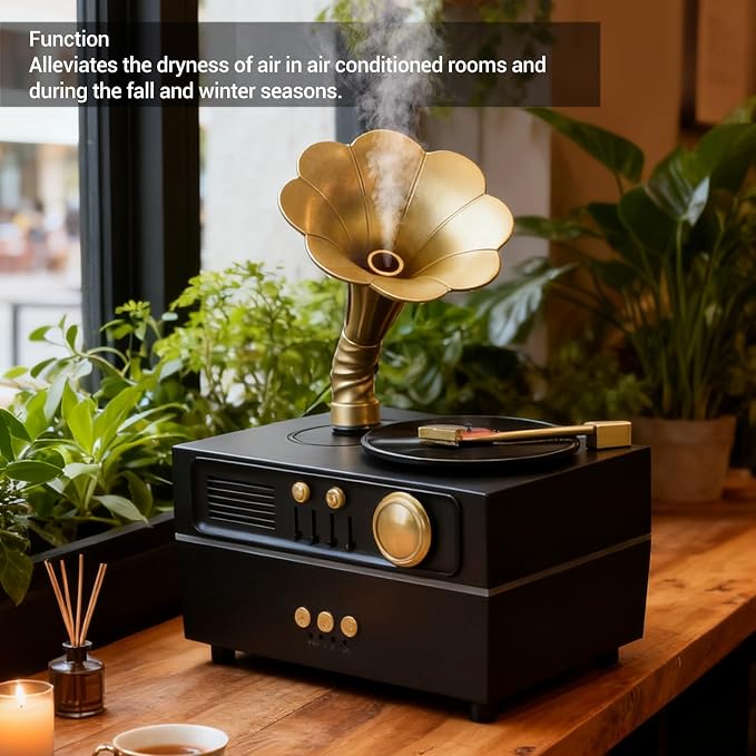Retro Aromatherapy Humidifier, Unique USB Bluetooth Gramophone Style Vintage Oil Diffuser Cool Mist Machine for Home Relaxation and Bedroom Decor
