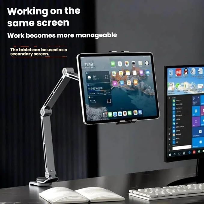 Adjustable Phone Tablet Mount,Ergonomic Multi Joint Stand with Sturdy Desk Clamp, 360° Rotatable & Height Compatible with Devices for Home,Office,Studio(Gray)
