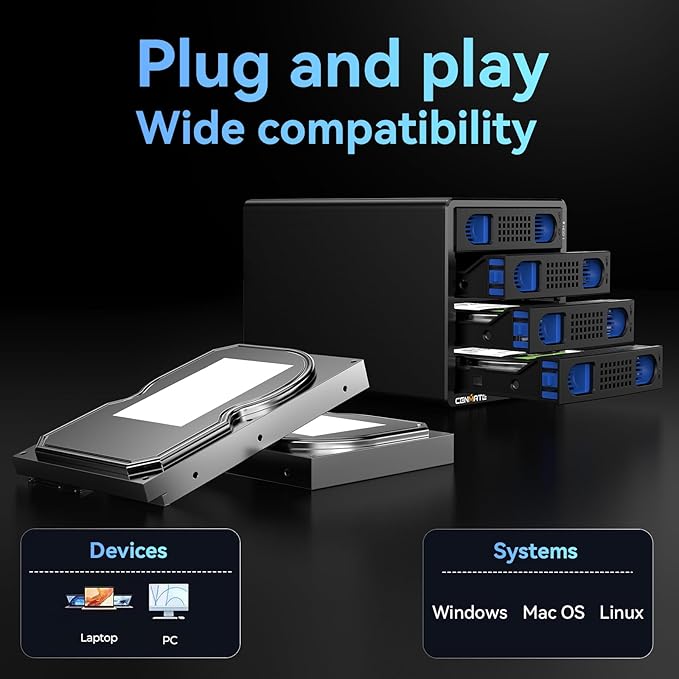 CENMATE Aluminum 4 Bay 10Gbps Hard Drive Enclosure with Cooling Fan for 2.5“/3.5" SATA HDD/SSD with USB A/C 3.2 Gen 2, Support Hot Swappable, Tool-Free HDD Enclosure, DAS(NO RAID/NAS)