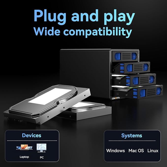 CENMATE Aluminum 4 Bay Hard Drive RAID Enclosure with Cooling Fan for 2.5/3.5" SATA HDD/SSD with USB A/C 3.0＋eSATA Cable, 3.5 Hard Drive Reader Supports 80TB Capacity, 8 RAID Modes, DAS(NO NAS)