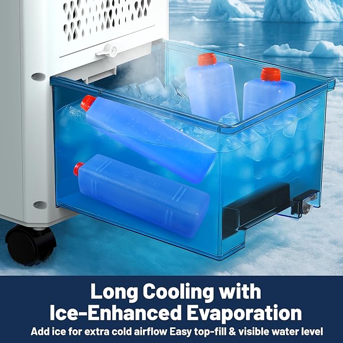 Portable Evaporative Air Cooler with Remote Control, Quiet Windowless Swamp Cooler, Oscillating Cooling Fan, 4 Modes & 3 Speeds for Bedroom, Office, Living Room and Small Spaces (White)