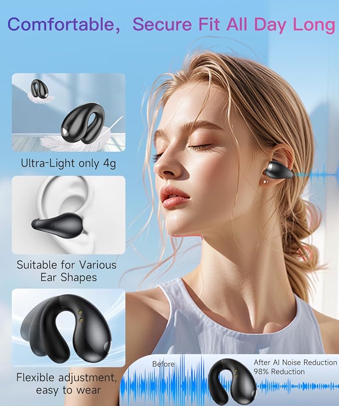 Upgraded Ultra Open Ear Earbuds - Lightweight Comfort Clip-On Wireless Bone Conduction Earbuds, Secure Fit & AI-Powered Clear Calls Bluetooth Open Ear Headphones for Work,Commute,Workout, Black