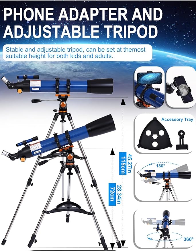 Telescope for Adults High Powered 90mm Aperture 800mm,Refractor Telescopes for Astronomy Beginners with AZ Mount Tripod,Phone Adapter,Carry Bag (80090blue)