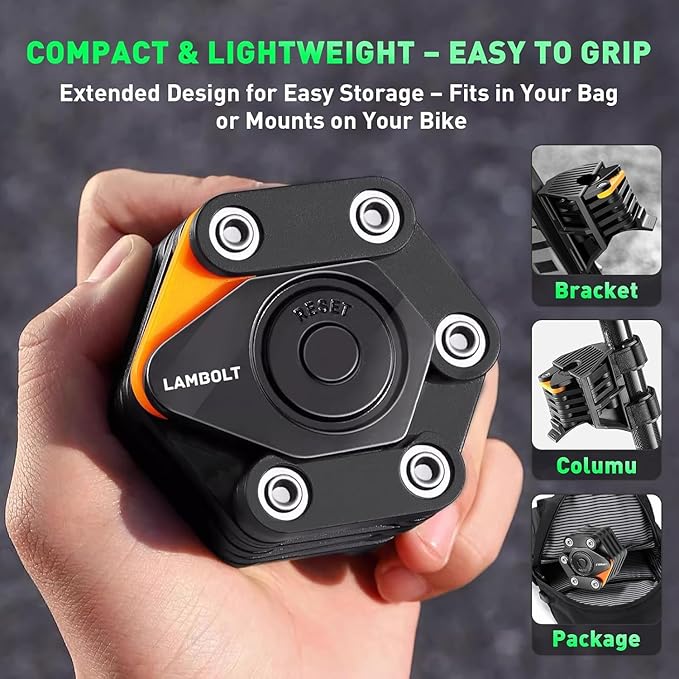 Lambolt Electric Scooter Lock - Heavy Duty Anti-Theft Folding Combination Bike Lock for Ebike | Compact Alloy Steel Security Chain Lock with Mounting Bracket & Bags