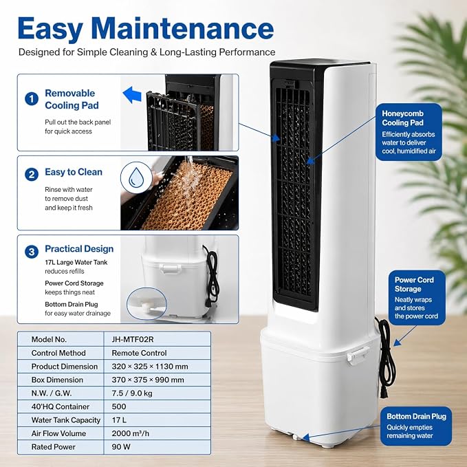 White and Black Portable Air Conditioner Fan, Evaporative Air Cooler with Remote Control, 3 Fan Speeds, 1600ml Water Tank, 2/4/8 Hour Timer, Adjustable Airflow, for Bedroom Office Desk