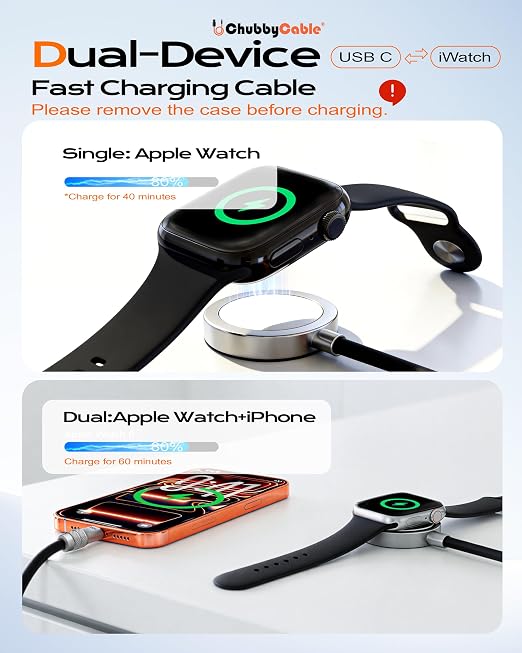 chubbycable Duo-Core Flex 2-in-1 USB C Cable 100W Fast Charging 5W [40Mins 80%] Magnetic Apple Watch Charger 4FT Soft Silicone Compatible with iWatch, iPhone, iPad, MacBook, AirPods, Black