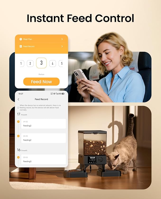 oneisall 5G WiFi Automatic Cat Feeder with 6 Packs Pet Dry Food Desiccant Bag