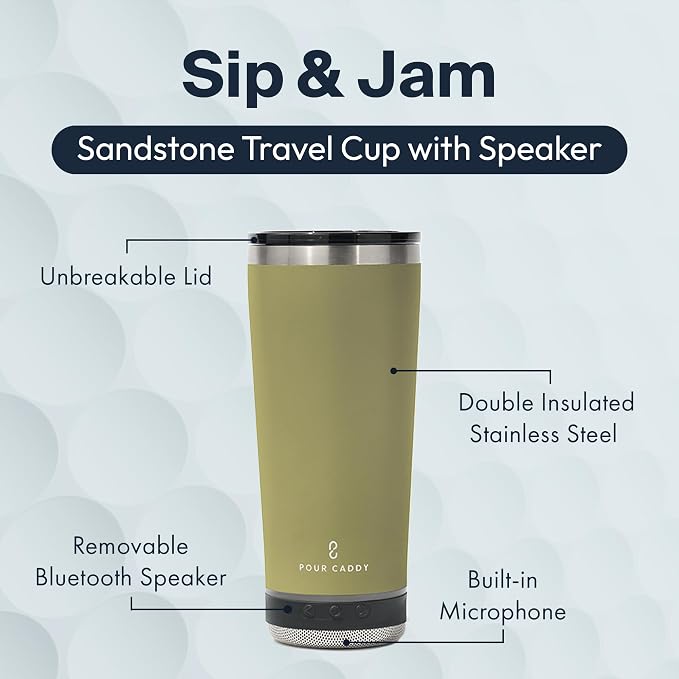 Vibe 18 oz Tumbler with Bluetooth Speaker, Insulated Stainless Steel Travel Cup with Lid, Hot & Cold Drink Termos, Removable Speaker with Microphone, Rubber Base, Sandstone