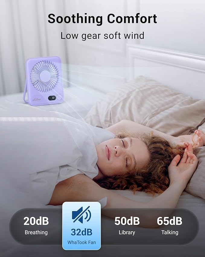 WHATOOK Desk Fan 2 Pack: 100 Speeds Stepless Control 5000mAh Battery Operated Portable Fan, Rechargeable Table Fan for Cruise Ship Essentials, Gift for Couples, Dorm, Office, Bedroom(Black and Purple)