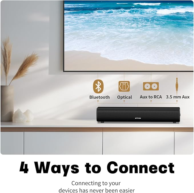 Rythflo Sound Bar for Smart TV, 16'/60W Soundbar with Impactful Bass, Dynamic Light and Remote Control, Wall Mountable TV Speakers with Bluetooth/Optical/3.5MM AUX for Gaming/PC/Projector