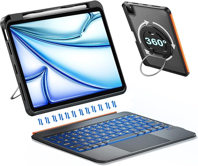 iPad A16 11/10th Generation Case with Keyboard, Air 11 inch (M4/M3/M2, 2026/2025/2024), Magnetic Detachable Backlit Keyboard, Trackpad, 360 Stand, Pencil Holder, Slim for Air 5/4th 10.9" Pro 11(Black)