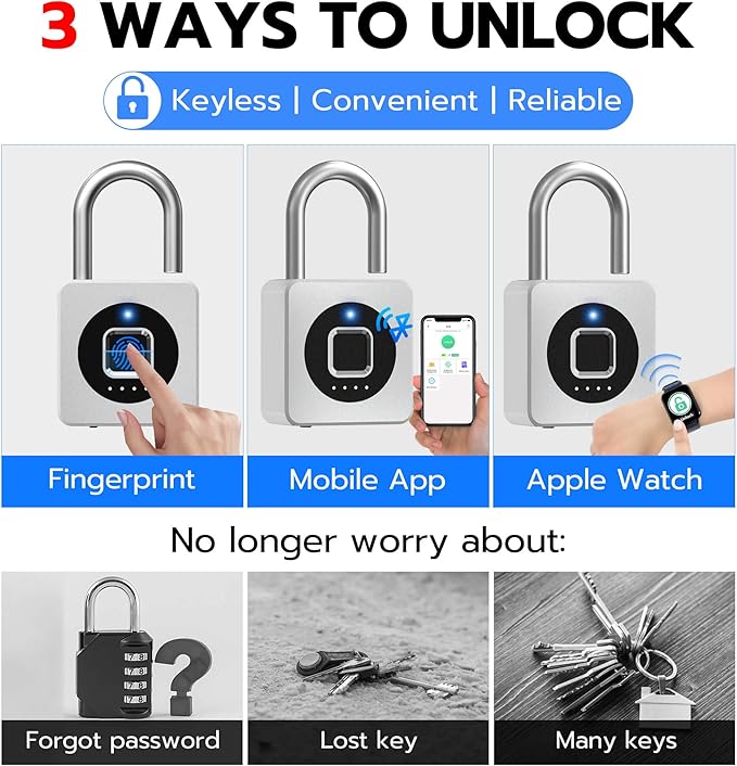 eLinkSmart Fingerprint Gym Locker Lock, Keyless Biometric Padlock, Weatherproof Electronic Digital Smart Combination Pad Lock for Outdoor Fence Gate Storage Helmet Ski Pool Shed (Silver, with Cable)