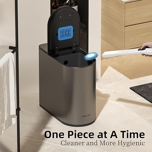 Bathroom Trash Can with Lid - Motion Sensor Smart Garbage Bin with Toilet Brush, 2 Gallon / 7L Small Automatic Trash Can, Odor-Control for Bathroom (Grey with Toilet Brush)