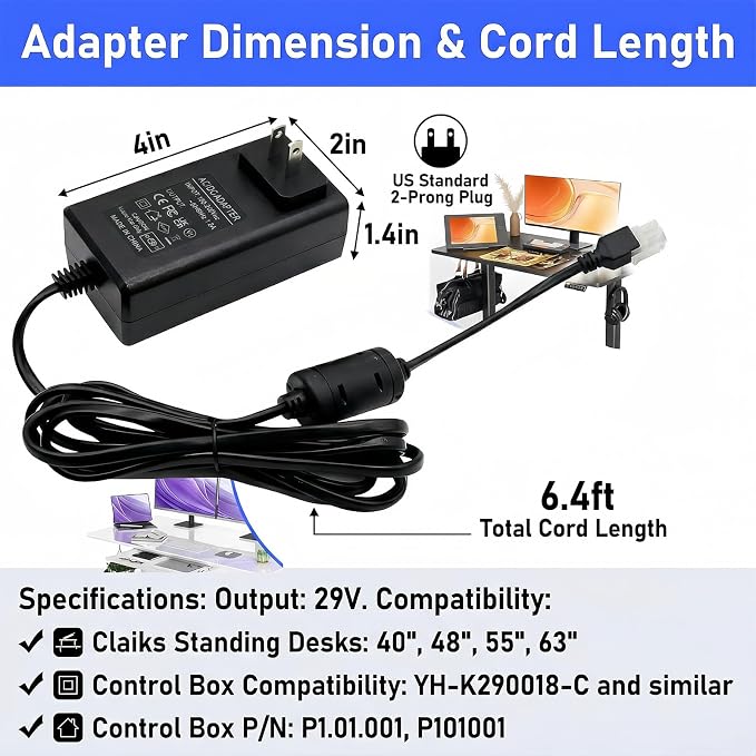 29V Adjustable Desk Power Cord Compatible with Claiks P1.01.001 P101001 40" 48" 55" 63" Height Adjustable Stand Up Desk, Replacement for YH-K290018-C Adapter Charger Cord