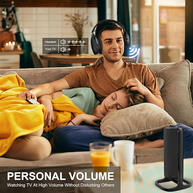Wireless Headphones for TV with 2.4GHz RF Transmitter Charging Holder, Personal Volume, Plug and Play, 100FT, Bluetooth TV Headphones Wireless for Seniors, No Delay, Support OPT/RCA/AUX, Black, DB100