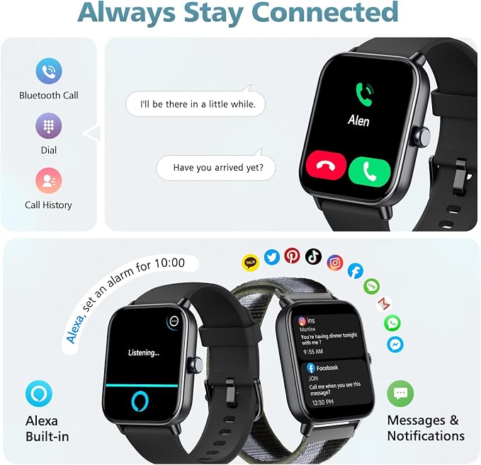 Smart Watches for Women, 1.85" Alexa Fitness Trackers with Call & SMS, Heart Rate, SpO2, Stress & Sleep Monitor, IP68 Waterproof Smartwatch for Android iPhone Samsung etc., 100+ Sports Modes, 2 Bands