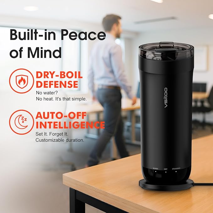 Vsitoo S5 Self Heating Travel Mug 16oz, Rechargeable Coffee Mug with Car Charger Kit, AI Auto-Sensing Temp Control Heated Cup for Home Office Car, App Control, Gift Women Men - Black