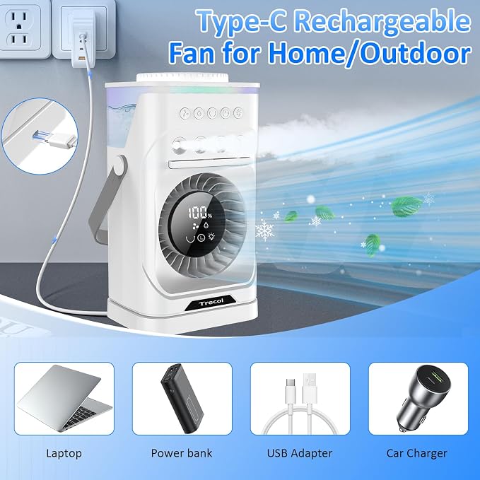 Portable Air Conditioner Fan, 10000 mAh Rechargeable Desk Fan, 900ML Misting Fan with 3 Spray Levels, 120° Rotation, 10 Wind Speeds & 7-Color Light Personal Cooling Fan for Home, Office, Camping
