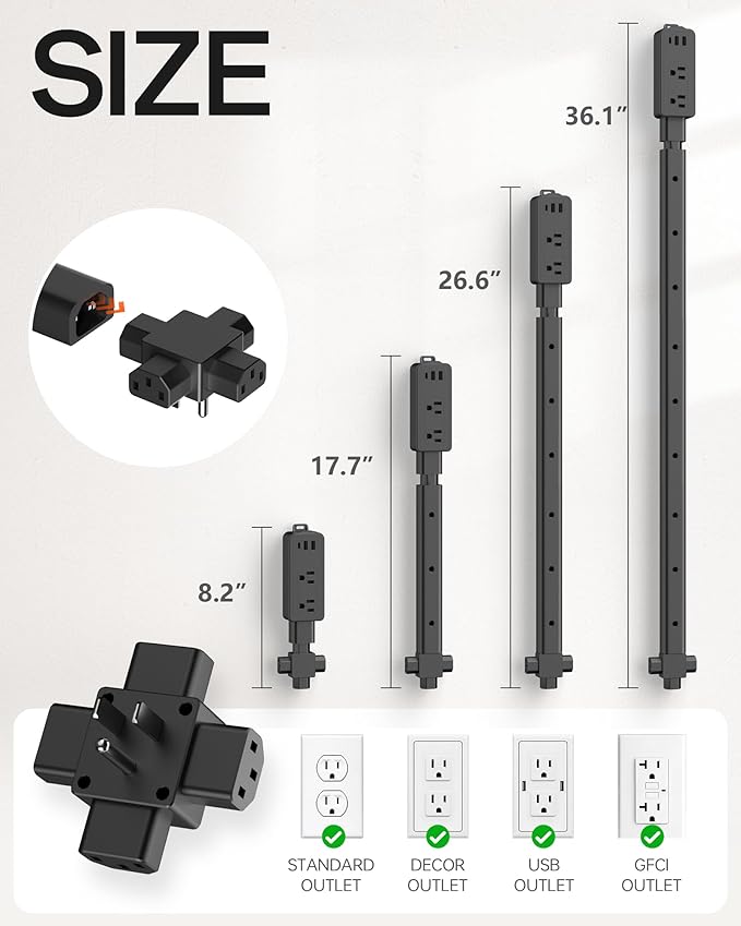 2 Pack Outlet Extender Stick Black with 4-Way Flat Plug | Extends 8"-36" | Outlet Extender with 2AC Outlets, 2USB-A & 1USB-C Ports | Socket Expander Access Hard-to-Reach Outlets Bed Sofa Behind