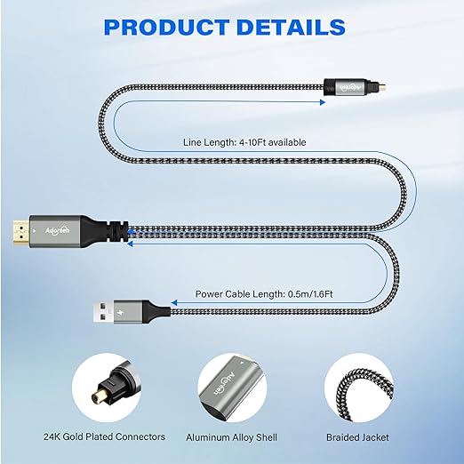 Unidirectional 192KHz HDMI ARC/eARC to Optical Toslink SPDIF Audio Extractor Splitter Converter Cable 6 Ft, USB Powered Digital Adapter for HDTV to Soundbar Home Theater Amplifier Old Speaker