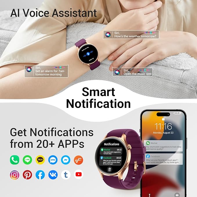 Fitpolo Smart Watch for Women,1.3" AMOLED Touchscreen Fitness Tracker, Make/Answer Calls, Heart Rate SpO2 Monitor,3ATM Waterproof,Sleep Activity Tracking Smartwatch for Android Phones iPhone (Purple)
