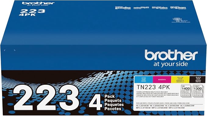 Brother Genuine Standard-Yield Toner Cartridge Four Pack TN223 4PK - Includes one Cartridge Each of Black, Cyan, Magenta & Yellow Toner, Standard Yield, Model: TN2234PK