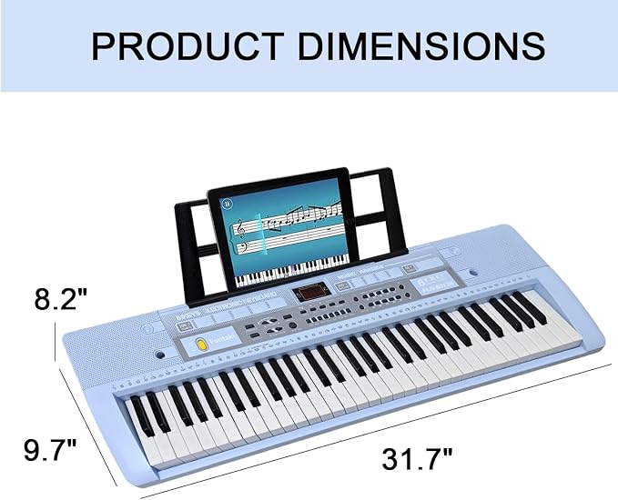 61 Key Electronic Keyboard Piano with Lighted Up Keys, Musical Mini Keyboard Piano with keyboard stand, Digital Portable Synthesizer Keyboards for Beginners Kids Adults (Blue)