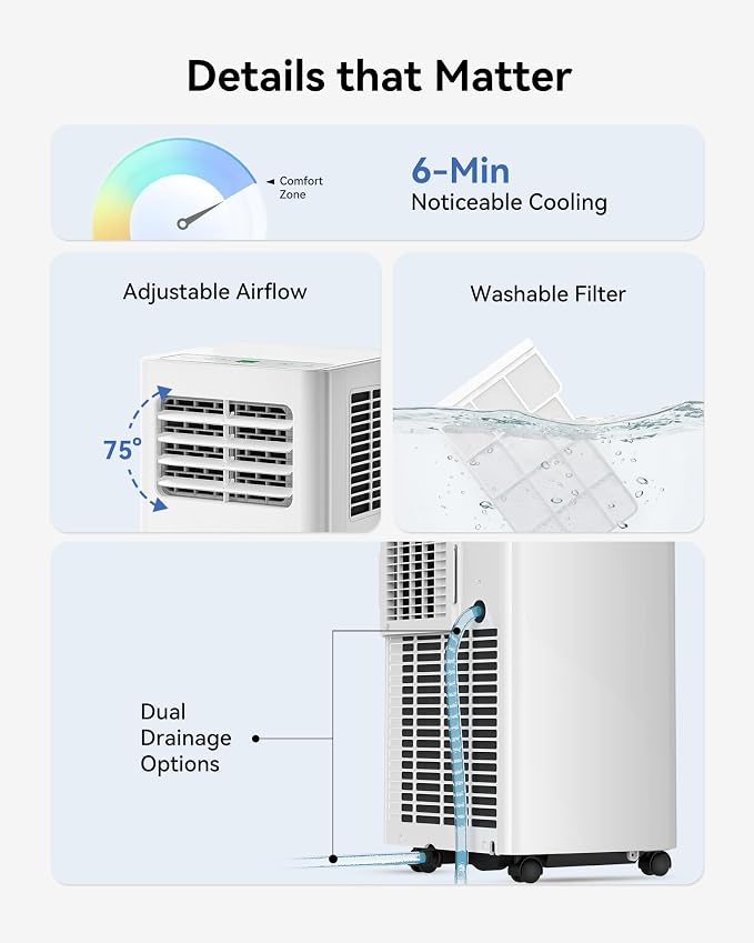 Feelfunn 8000 BTU Portable Air Conditioner, 3-in-1 Cools 350 Sq.Ft, Quiet AC with Fan & Dehumidifier, LED Display, Remote, 24H Timer, Window Kit, for Bedroom/Office/Dorms