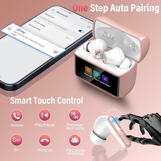 Wireless Earbuds with Touch Screen, Bluetooth 5.4 Headphones, ANC/ENC Noise Cancelling, 48H HiFi Stereo Bluetooth Ear Buds with 5 EQ Modes, Transparency Mode, IPX7 Earphones, Rosa