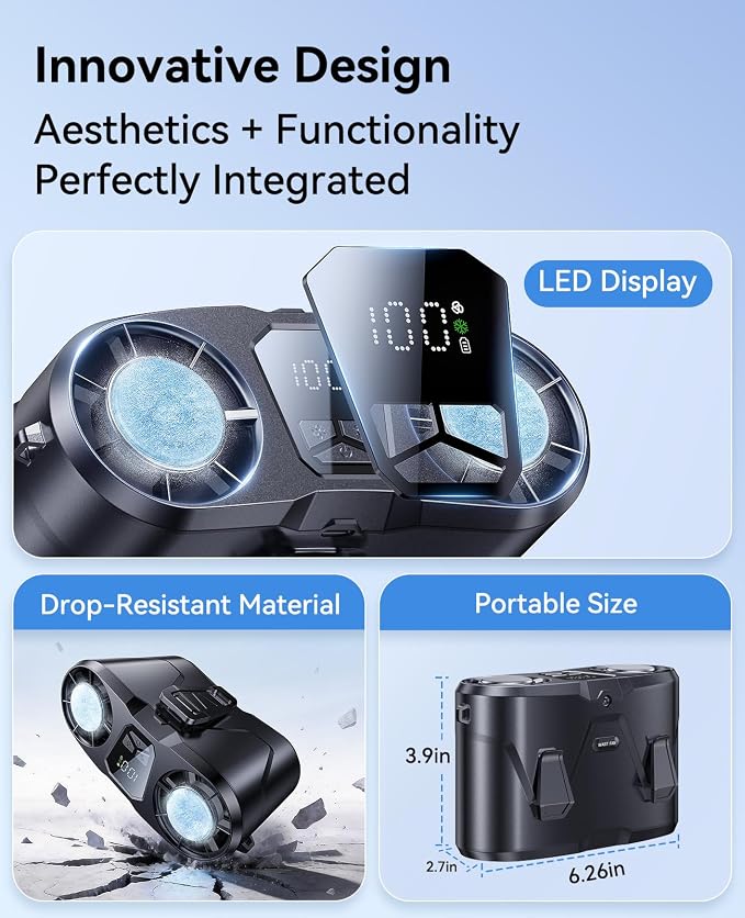 KIMMOO Dual-Motor Rechargeable Waist Fan with Ice Cooling, 25000 RPM High-Speed Neck Belt Clip-on Fan with 10 Gears, LED Display & Flashlight, Hands-Free Personal Fan for Work Outdoor Travel, Black