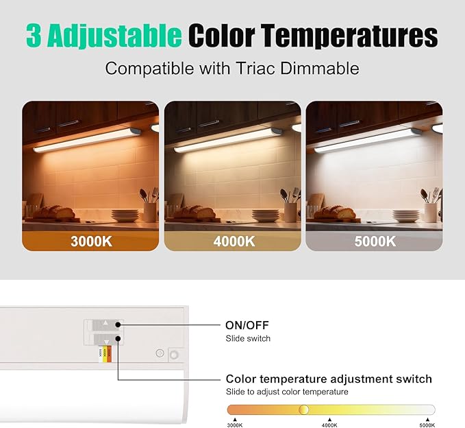 12 Inch LED Under Cabinet Light, Plug in Kitchen Lighting, 3CCT Selectable (3000K/4000K/5000K), CRI94 High Color Accuracy, Linkable, Slim Design, Matte White