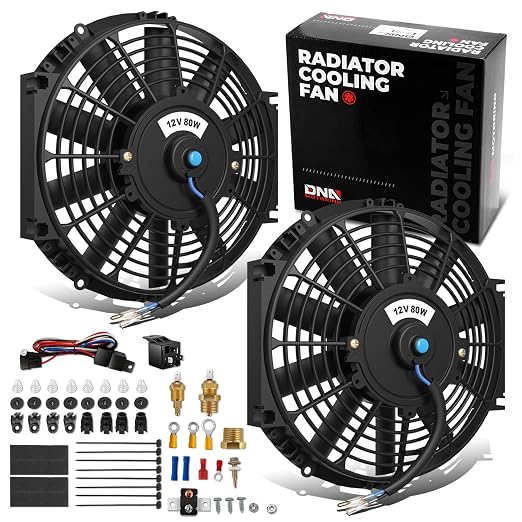 DNA Motoring 2pcs 10Inch Electric Radiator Cooling Fan Thermostat Wiring Switch Relay Kit, Universal High Performance Slim Fan Push Pull Electric Radiator with Mount Kit, RAF-10X2+SW-KIT