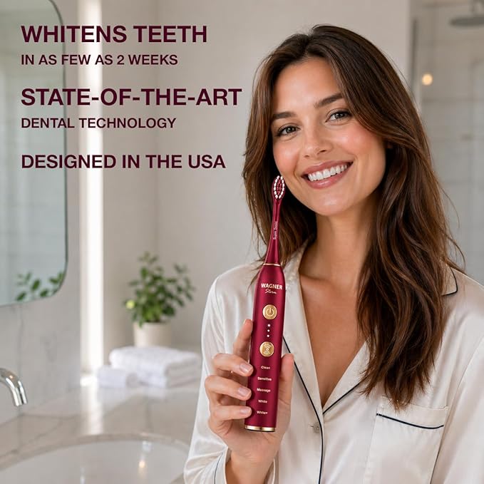 Wagner Stern WHITEN+ Electric Toothbrush, 48,000 VPM, Pressure Sensor, 5 Modes, 8 Brush Heads, Travel Case