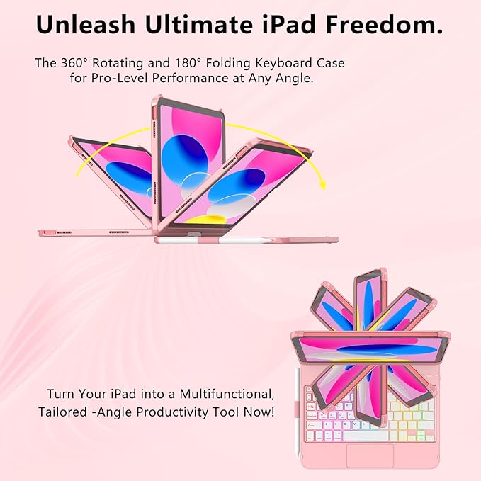 Touch Keyboard Case for iPad A16 11th Generation 2025/10th Generation 10.9 inch 2022,360° Rotatable for iPad 10th Generation Case with Keyboard- 10 Color Backlight Keyboard Case with Pencil Holder