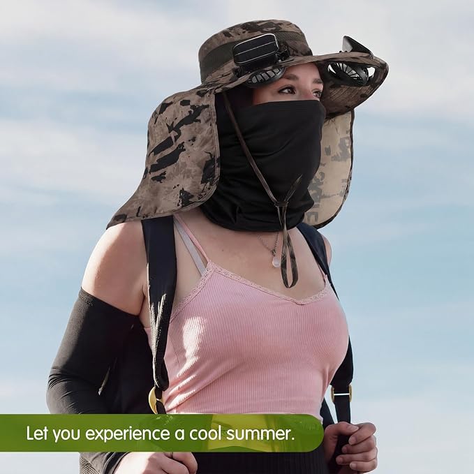 3 Pcs Solar Fan Hat with Arm Sleeves Neck Gaiter Wide Brim Sun Hat Solar Powered USB Charging for Men Women