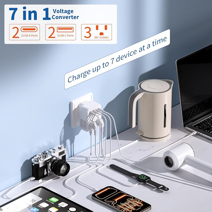 2000W Voltage Converter US to Europe for Hair Dryers, 7-in-1 220V to 110V Converter for European Travel with 3 AC/2 USBA/2 USBC Ports (PD20W), European Travel Adapter (White)