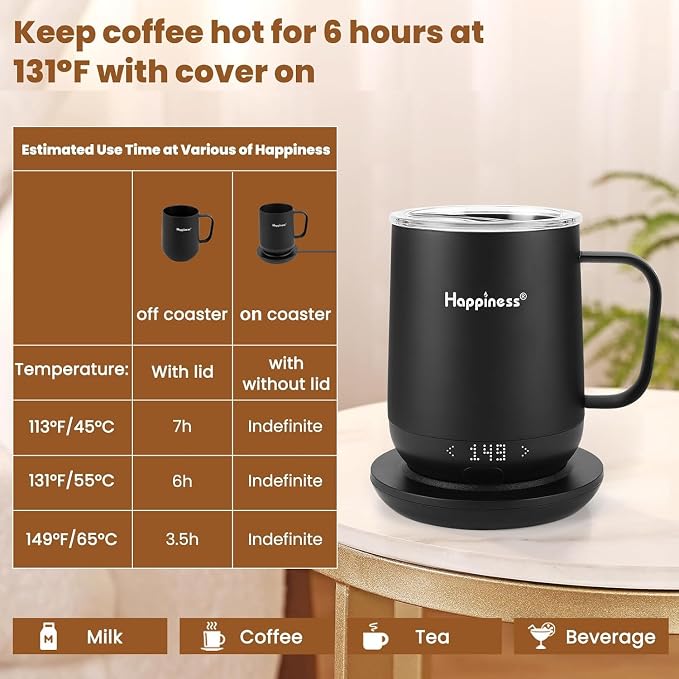Happiness Smart Heated Coffee Mug 12oz,Rechargeable Electric Self Heating Temperature Control Coffee Cup Gifts for Mom Dad Women Men