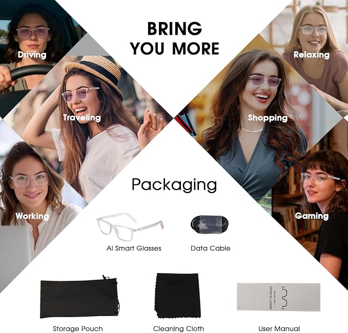 AI Glasses for Women, Bluetooth Glasses with 164 Languages Real-Time Translation, Color-Changing Lenses, Lightweight Thin Temples Free App, Stylish Wearable Tech Glass for Travel & Everyday Wear