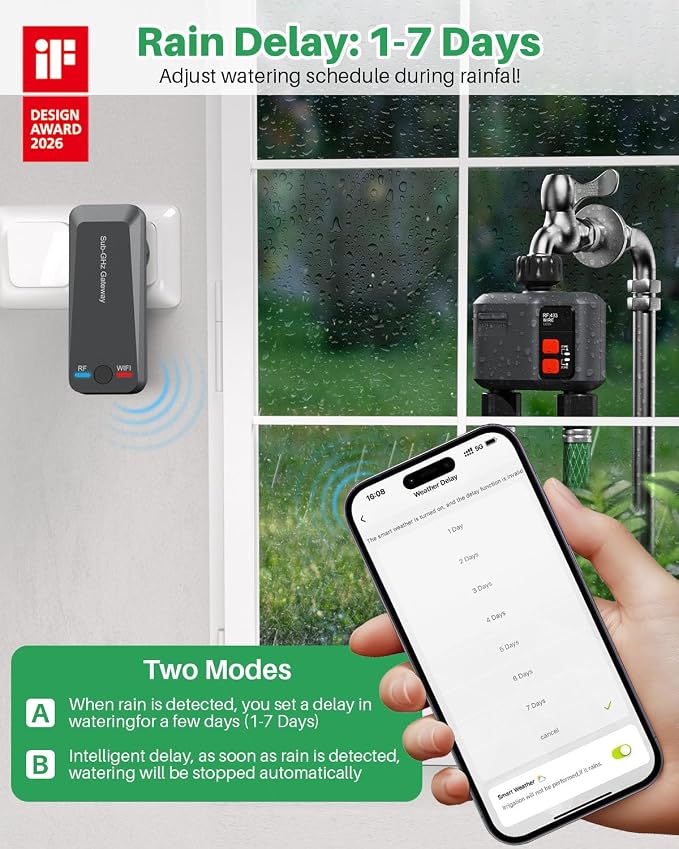 WiFi Sprinkler Timer 2 Zone with 984 Feet RF Gateway, 2 Pack Smart Water Timer for Garden Hose with Rain Delay/Manual/Automatic,WiFi Water Hose Timers for Garden & Lawns