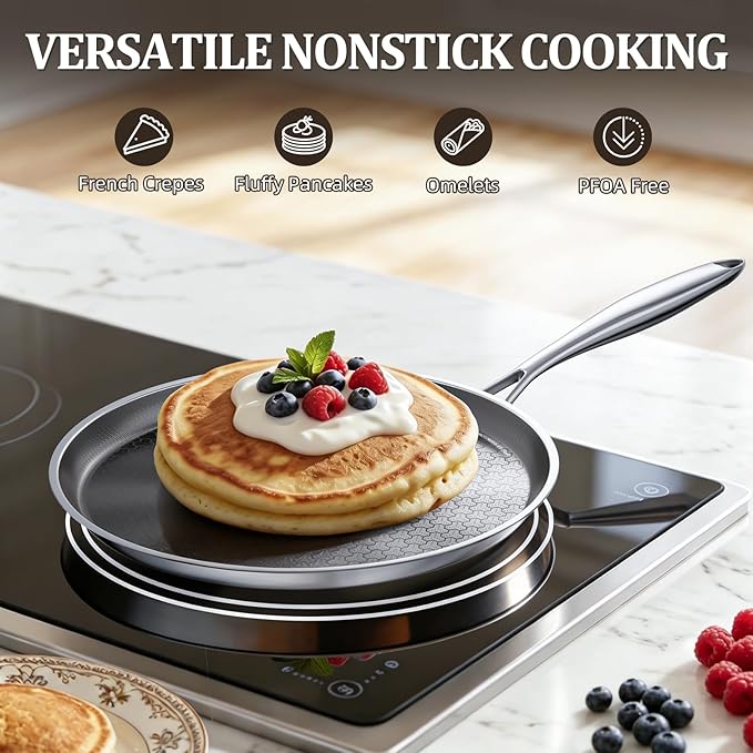 Stainless Steel Crepe Pan, 12 Inch Nonstick Griddle Pan, 5 Layer Non Stick Coating Pancake Pan, Frying Pan,Omelet Pan with All Stove Tops Available