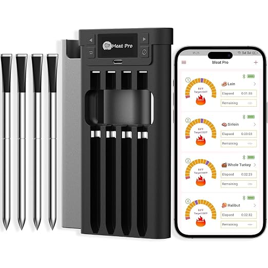Yonktoo Wireless Meat Thermometer, Digital BBQ Thermometer with 4 Probes, Long Range Smart Grill Thermometer with Dual Sensors for Grilling, Smoking, Oven, Kitchen Cooking